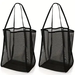 2 large-capacity mesh beach tote bags - made of durable polyester material, solid color design, with sturdy handles, suitable for travel, vacations, and camping.