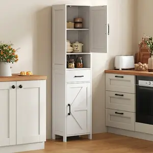 Slim Pantry Storage Cabinet, 67" Tall Freestanding Kitchen Cabinet with Drawer and 5-Level Adjustable Shelves, Modern Barn Door Linen Tower for Bathroom, Bedroom, Living Room, White