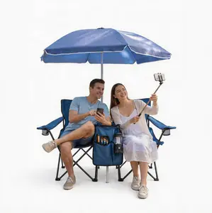 Foldable Portable Chairs - 2-Person Double Folding Beach Chair Set with Umbrella, Cup Holders, for Camping, Picnic, Blue