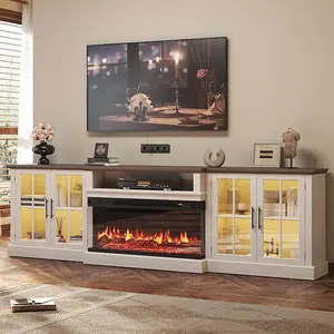 【3 Packages Shipping】Aoxun Farmhouse Wood TV Stand - 98-in Extendable Media Entertainment Center with 36-in 3-Sided Glass Fireplace, Adjustable Shelves, Large Storage Cabinets, Fits TVs Up to 100-in, White & Black, Extendable Tv Stand