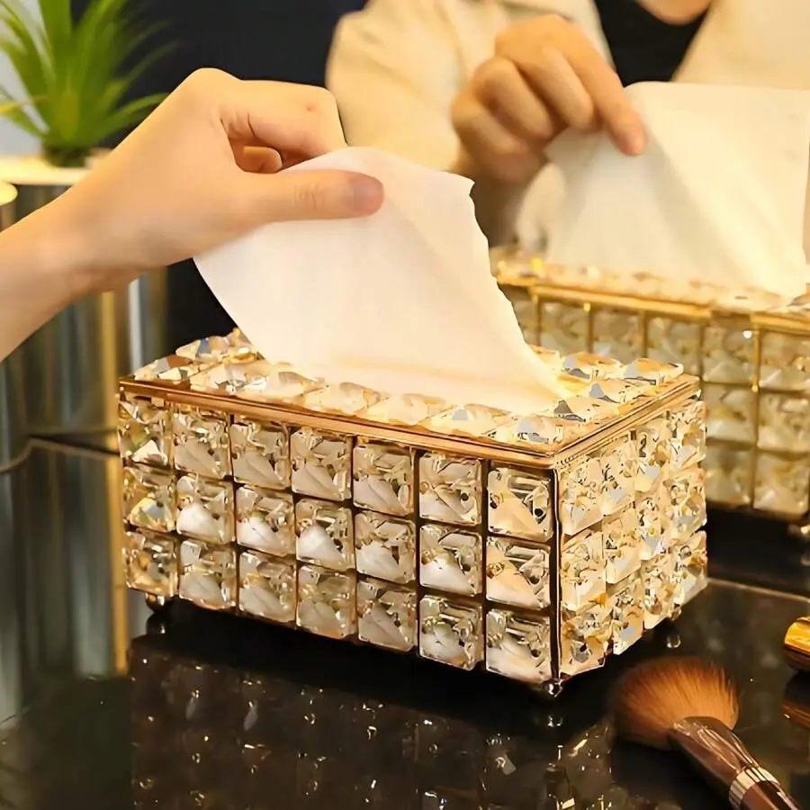 Modern Gold Aluminum Alloy Rectangular Tissue Container - Bathroom Accessory, Luxury Crystal Napkin Holder for Home Bathroom, Dining Room Tabletop Venue Decorations