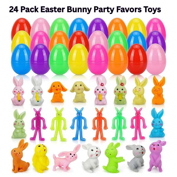 24 Pack Easter Bunny Party Favors Toys with Plastic Eggs – Candy Free Easter Basket Stuffers, Bunny Stretchy Toys, Easter Egg Fillers Essentials, Kids Easter Gifts & Decorations