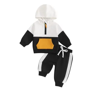 Baby Boys Pants Set Infant Hooded Sweatshirt Top Contrast Colors Elastic Waist Pants 2Pcs Outfits Fall Winter Suit