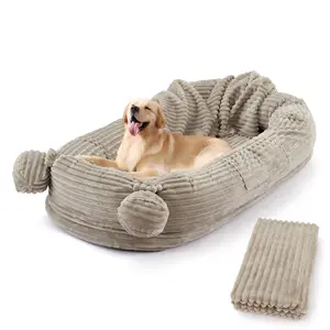 Extra-Large 71"x45" Human Dog Bed Set, Orthopedic Memory Foam Pet Couch with Bolstered Sides, Washable Faux Fur Vanity Cover, Non-Slip Base & Side Pockets, Portable Floor Sofa Chair for Family, Large Dogs & Cats, Includes Blanket