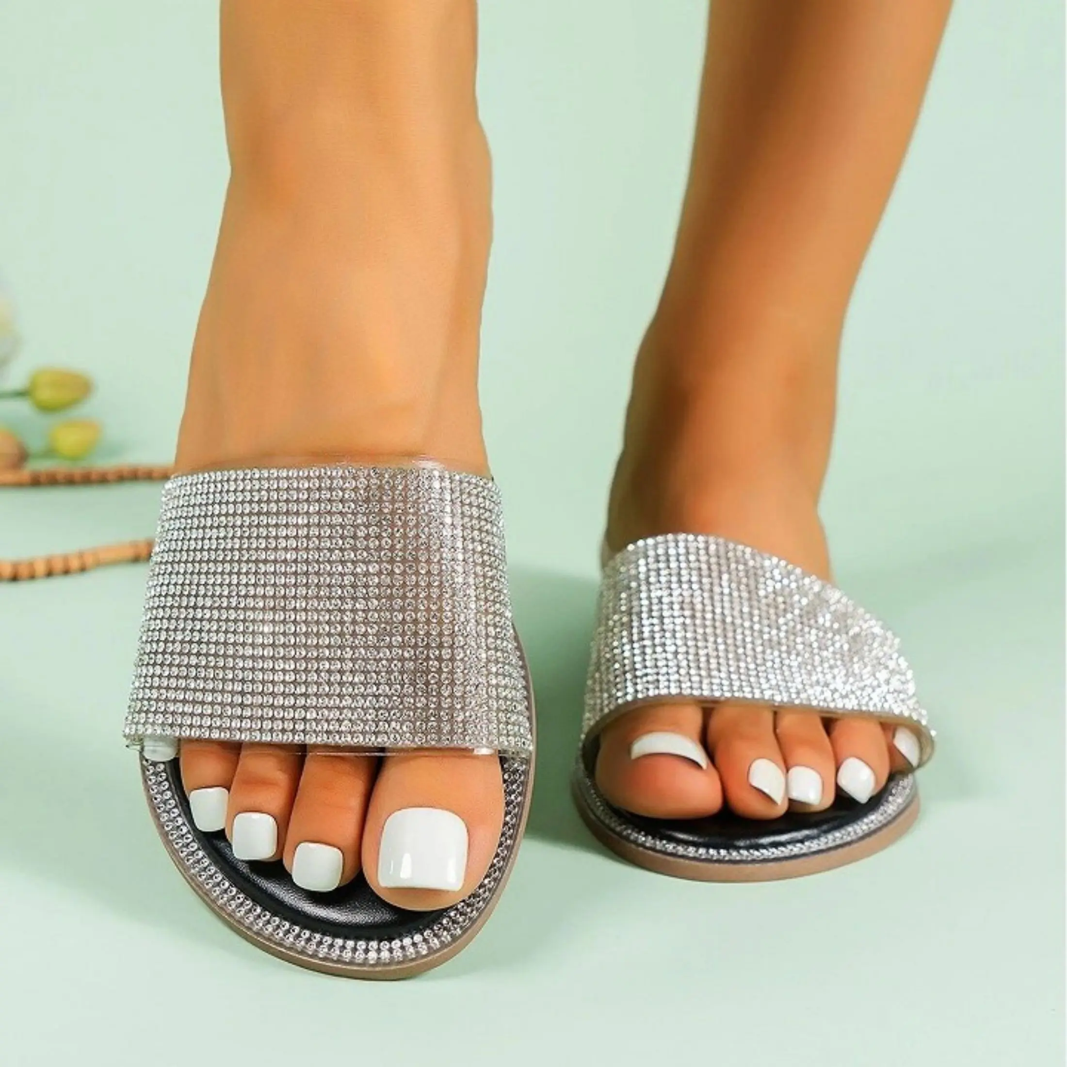 [Fast Deliver]Women's Casual Sandals Slippers Flip Flops Sandals With Diamonds Glitter Fashion Walking Shoes Girl Black Footwear Summer Tsinelas