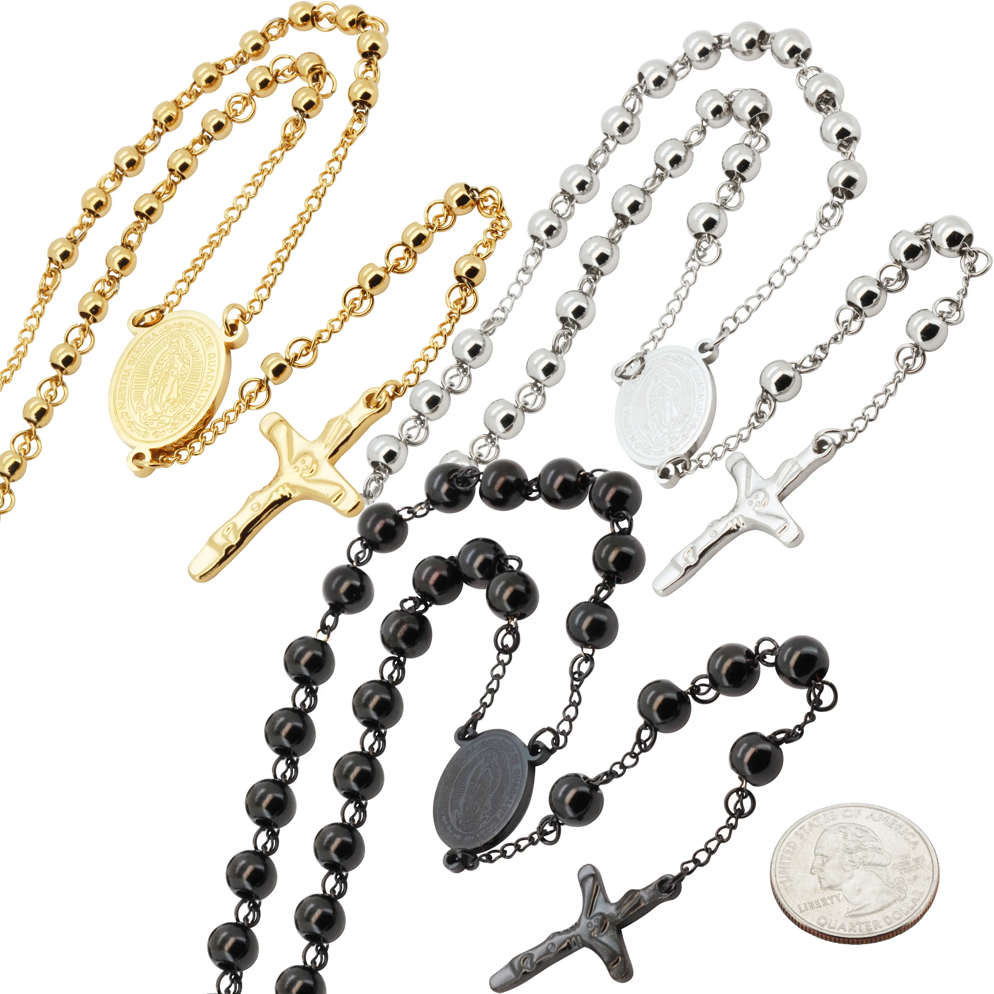 316L Stainless Steel 18k Yellow Gold Plated Black Rhodium 4-8mm Rosary Necklace 26”-30” + 5.5”+6”