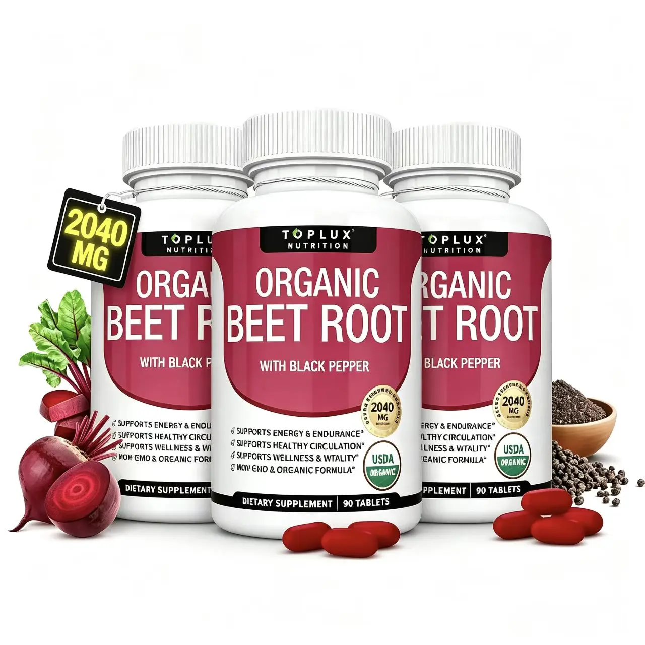 Toplux Organic Beet Root Tablets - Nitric Oxide Booster Beetroot Supplement