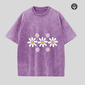Vintage Washed Daisy Flower Print T-Shirt, Retro Purple Floral Graphic Short Sleeve Crew Neck Tee, Casual Summer Daily T-Shirt