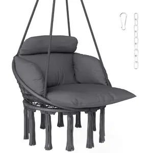 Hammock Swing Chair Macrame Hanging Chair Dark Gray With Large Cushion And Steel Frame Soft Padding Includes Chain And Spring Clip For Indoor Outdoor Use