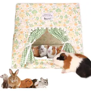 Large Guinea Pig Hideout with Curtain, Machine Washable Small Animal Hide Tent Habitats for Bunny Rabbit Ferret Rat Chinchilla Squirrel (Flower, Large)