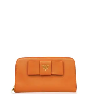 Pre-owned PRADA Leather small leather goods Bow Continental Wallet Saffiano Calfskin Orange (mg032226c4)