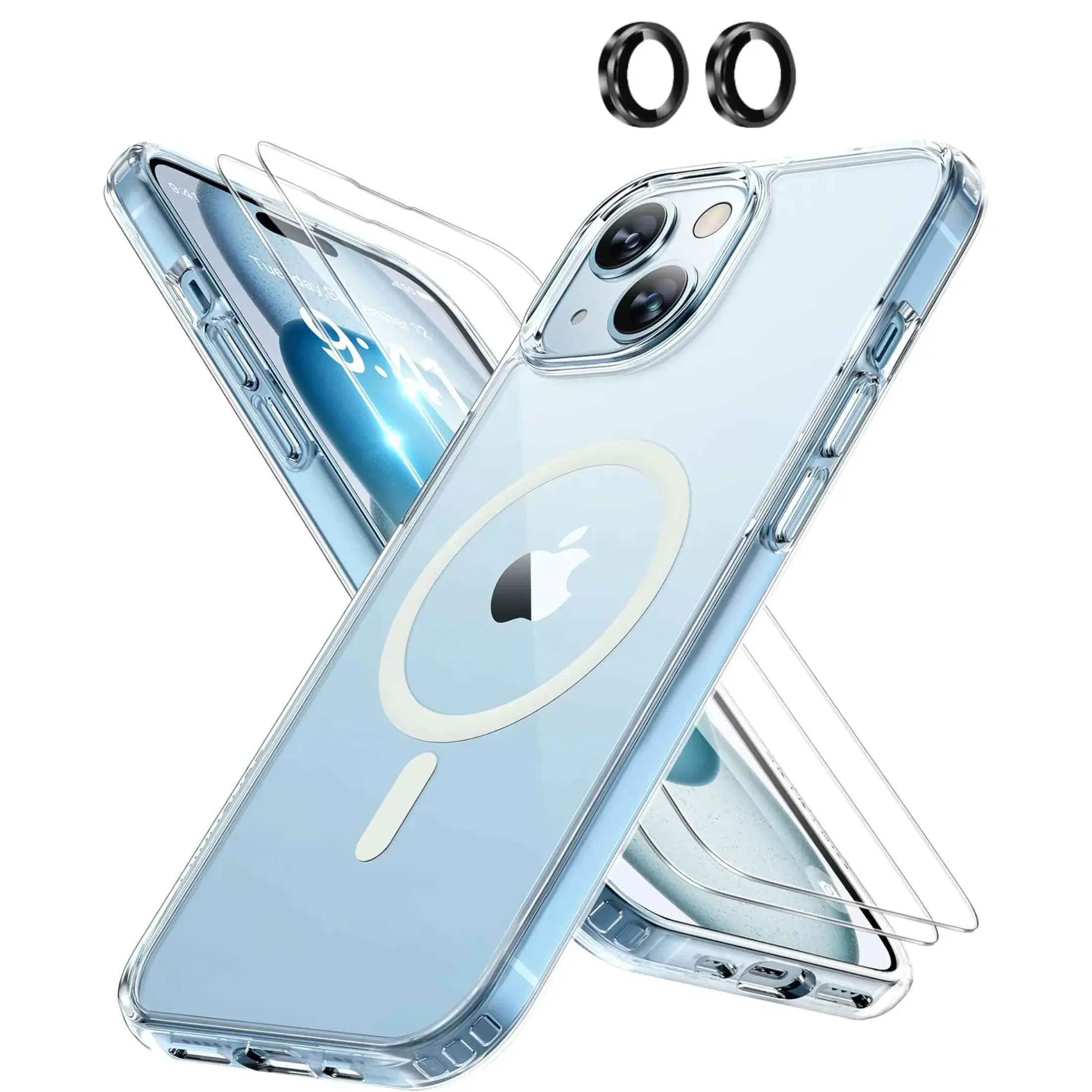 Entronix Bundle Compatible with iPhone 14 Plus - [Magnetic] Clear Case, 2 Clear Screen Protectors & 1 Metallic Camera Lens Protector