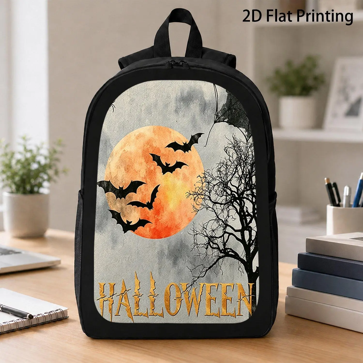 1pc 2D Flat Printing Halloween Bats Moon Spiderweb Tree Pattern Backpack,Large Capacity,Perfect for Urban Commuting,Travel,Or Everyday Outings., 2D Flat, for Teenager