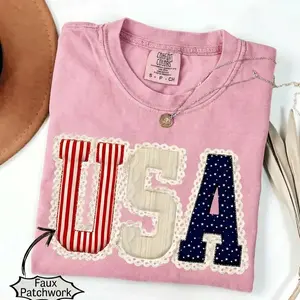(FAUX PATCHWORK-PRINT) Comfort Colors Coquette Bow USA Shirt, Faux Patchwork Lace Tee, Digital Print Shirt, 4th of July American Flag T-Shirt Print Tee