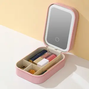 Portable Jewelry Box Design Makeup Mirror with Light, USB Rechargeable Pocket Makeup Mirror, Jewelry Storage Box with Light & Mirror