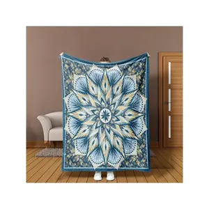 Luxury French Blue White Golden Beige Turquoise Mandala Boho Bedspread - Plush Flannel All-Season Soft Warm Bed Cover, Contemporary Bohemian -Like Or Bedspread For Queen/King Size Beds, Easy-Care Decorative Accent-30*40in