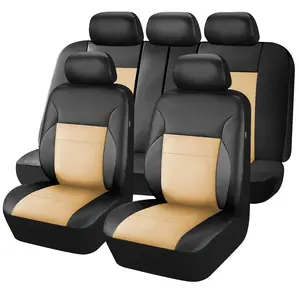 Beige Premium Leather Car Seat Covers Full Set, Waterproof Full Seat and Split Rear Bench Seat Covers For Cars,Universal Automotive Interior Covers