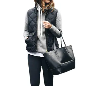 Women Warm Vest Solid Color Stand Collar Warm Padded Zipper Up Side Pockets Gilet Quilted Puffer Wild Fashion Vest