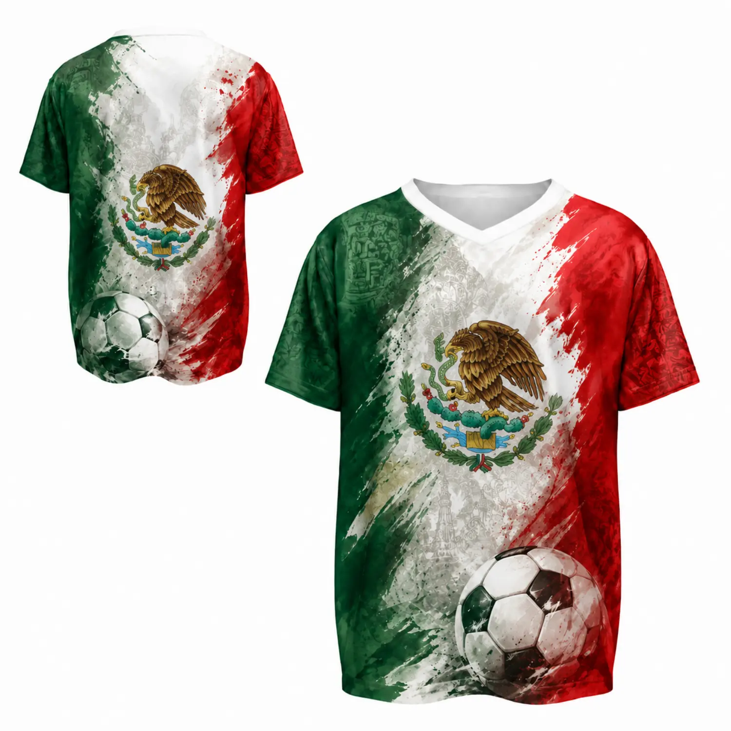 Mexico Flag Soccer Jersey - V-Neck Graphic Tee with Bold Tricolor Design and Football Emblem for Passionate Fans and Daily Wear
