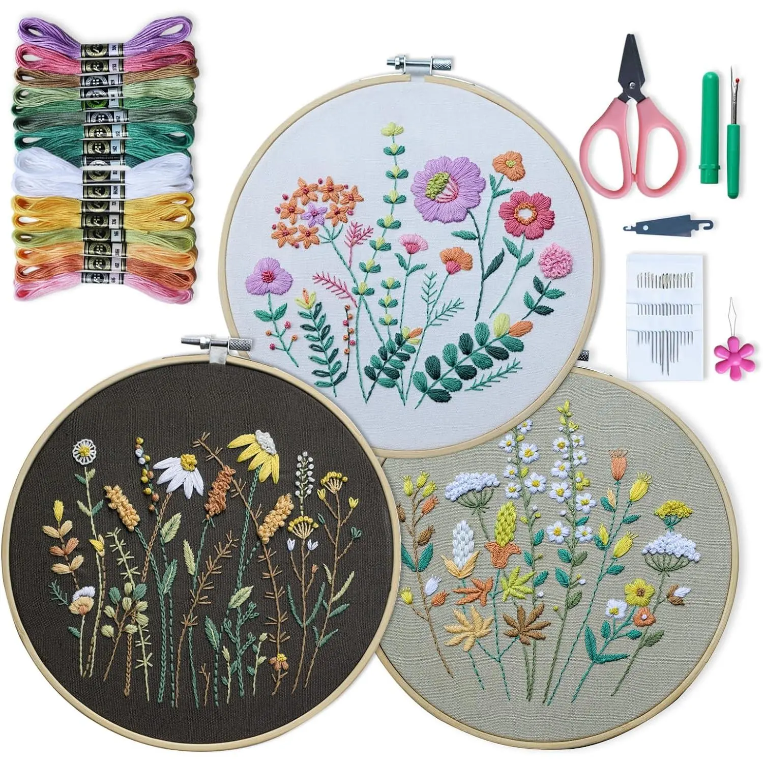 3-Set Beginner Embroidery Kit (Excellent for Beginners) with Floral Patterns, Hoop, 10 Synthetic Color Threads, Seam Ripper, Tools, Easy-Follow Instructions & 1.5-Hour Video Guide to Learn 33 Stitching Techniques