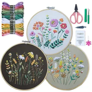 3 Sets Embroidery kit for Beginners Adults, Learn 33 Different Stitches DIY Kits, Includes Stamped Flower Pattern, Hoop, Color Threads,Tools,Easy to Follow Instruction & Video