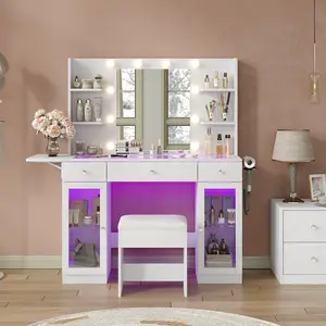 FUSOU Makeup Vanity Desk with Mirror and RGB Lights, 3 Drawers, 2 Tempered Cabinets, Fold-up Panel, Glass Top, Power Outlet, White