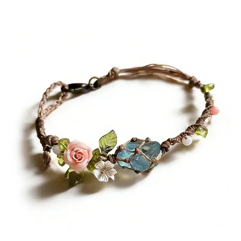 Bohemian Floral Bracelet with Natural Colored Gemstones, Handmade Light Ocean Jewelry, April Birthstone Gift for Daily Wear, Bohemian Bracelets, Colored Stone Bracelets & Bangles