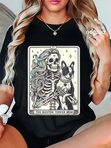 100% Cotton Retro Boston Terrier Mom Tarot Card Funny Skeleton Dog Mama T-Shirt