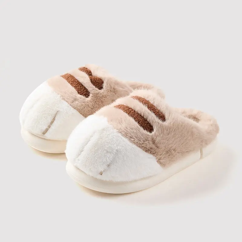Women's Cute Cat Claw Cotton Slippers Winter Warm Fuzzy Plush Thick Non-Slip Sole Comfortable Couple-Style Indoor Home Footwear Walking Shoes Flipflop Slide