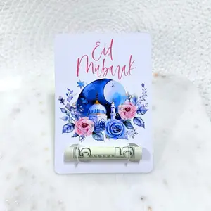 Eidi Envelope, Eidi Card, Eid Mubarak - Decorative Design with Crescent Moon and Rose in White Cardholder