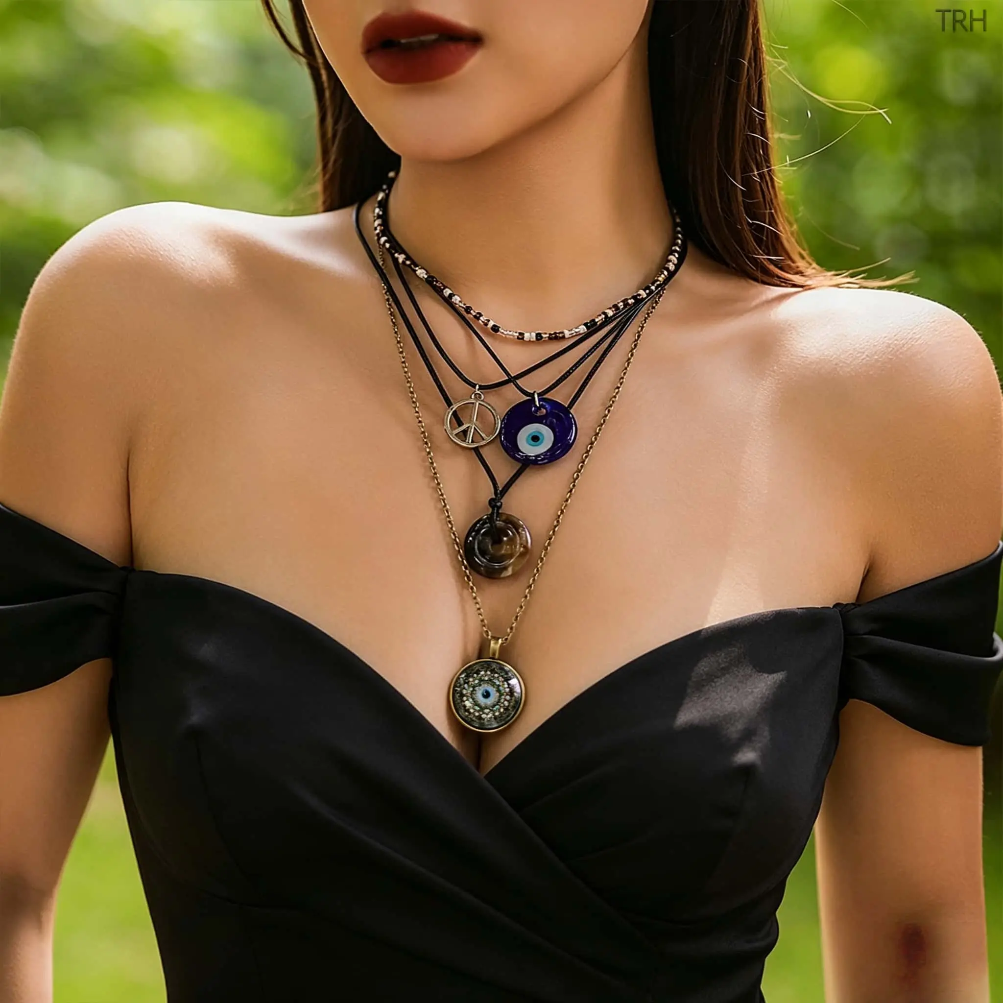 Women’s Layered Boho Evil Eye Pendant Necklace Set, Vintage Beaded Stackable Choker, Y2K Aesthetic Streetwear Jewelry, Adjustable Dainty Hippie Accessories for Daily Beach Party Casual Outfits, Trendy Bohemian Gift for He