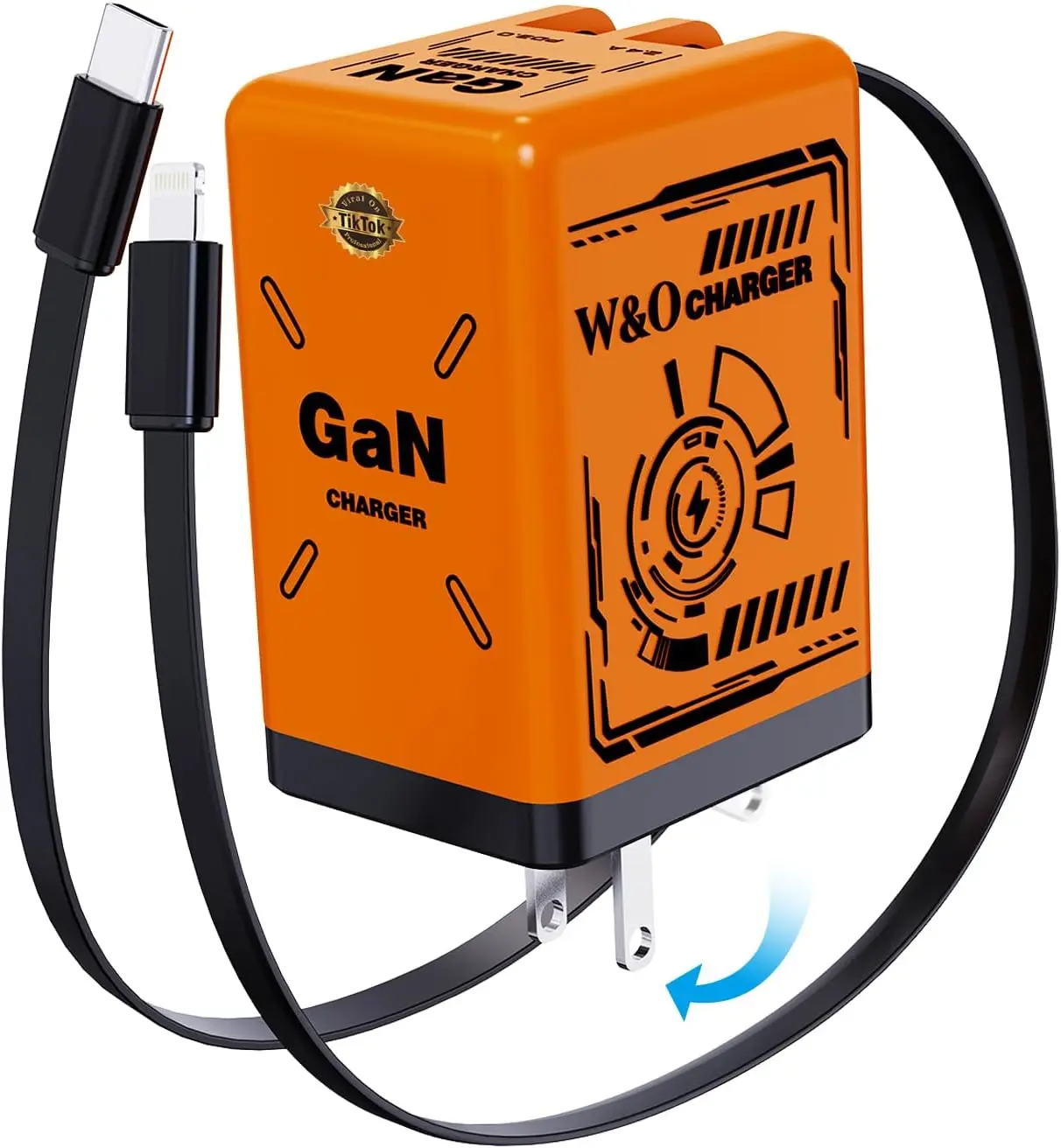 W&O 45W GaN Charger Fast Charging,Retractable Phone Charger Wall Plug with Lightening and Type-C Cables,for Phone16/15/14/13/12/11 Series, Galaxy S25 24,Android and More (Orange)