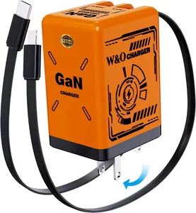 W&O 45W GaN Charger Fast Charging,Retractable Phone Charger Wall Plug with Lightening and Type-C Cables,for Phone16/15/14/13/12/11 Series, Galaxy S25 24,Android and More (Orange)