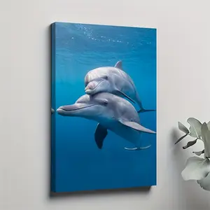 2D flat painting, 2D flat painting, 1 piece of 2D artwork, stunning dolphin pair canvas artwork, oil painting, suitable for posters, living room, dining room, garage, office, bar, courtyard wall decoration, decorative art, solid wood frame