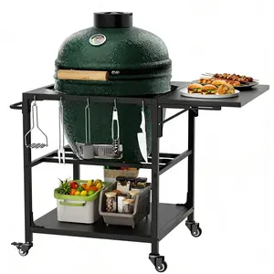 Outdoor Grill Table for Big Green Egg Style BBQ, Heavy Duty Metal Cart Prep Table with Wheels, Storage Shelf, Hooks and Removable Central Cover, Compatible with Large Big Green Egg Grill