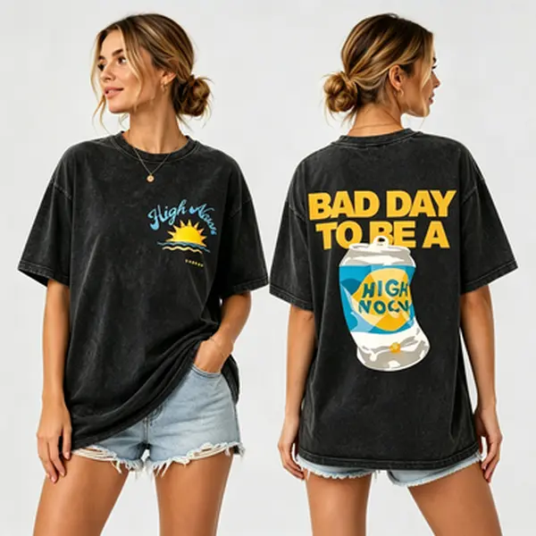 Vintage Acid Washed Black 100% Cotton Double Sided High Noon Hard Seltzer Graphic T-Shirt, Bad Day To Be A Can Sunset Ocean Script Print Oversize Crew Neck Short Sleeve Unisex Casual Party Tee