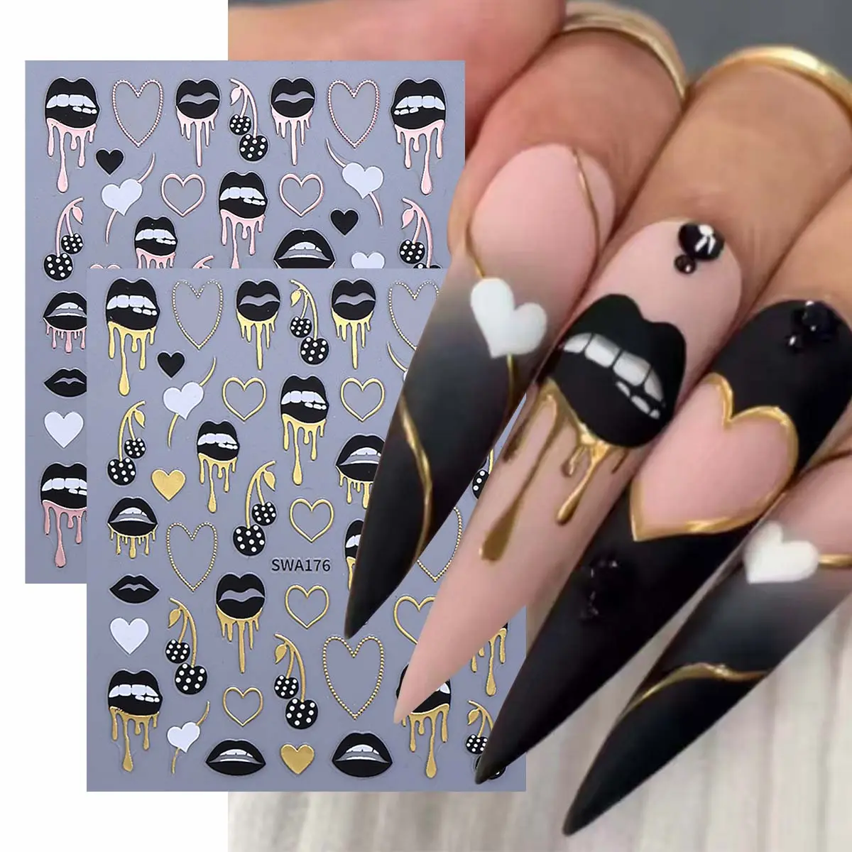 2 Sheets Valentine's Day Nail Art Stickers, Sexy Lips Heart Cherry Design, French Elegance DIY Self-Adhesive Nail Decals for Women and Girls