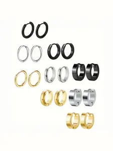 Fashion Neutral Style Stainless Steel Earrings Hoop Studs Set, 9 Pairs Unisex Ear Cuffs and Piercings, Stylish Jewelry Accessories