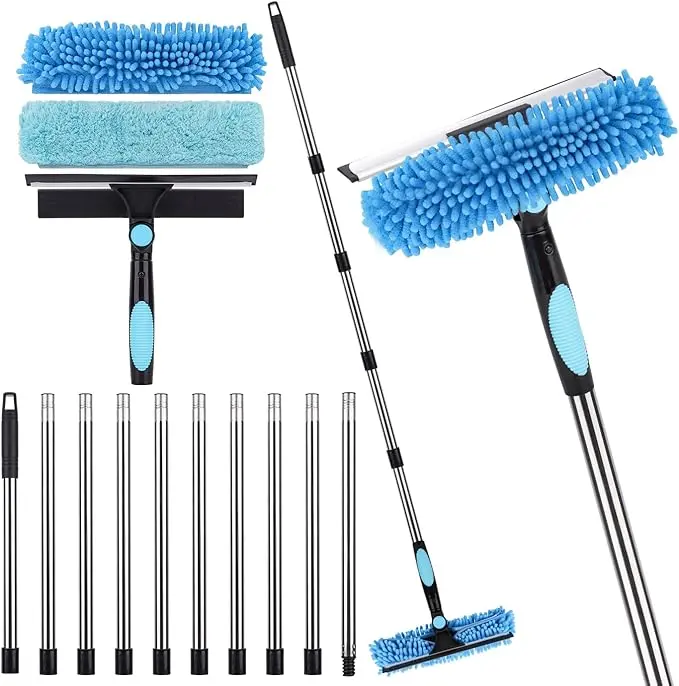 65'' Window Washing Kit with Extension Pole, 2-in-1 Window Cleaning Kit with Scrubber and Rotating Head, Window Cleaner Tool for Shower Rooms, Glass, Floors, Car Windshields Window Squeegee Cleaner Tool with Extension Pole: 2-in-1 Window Cleaning Kit