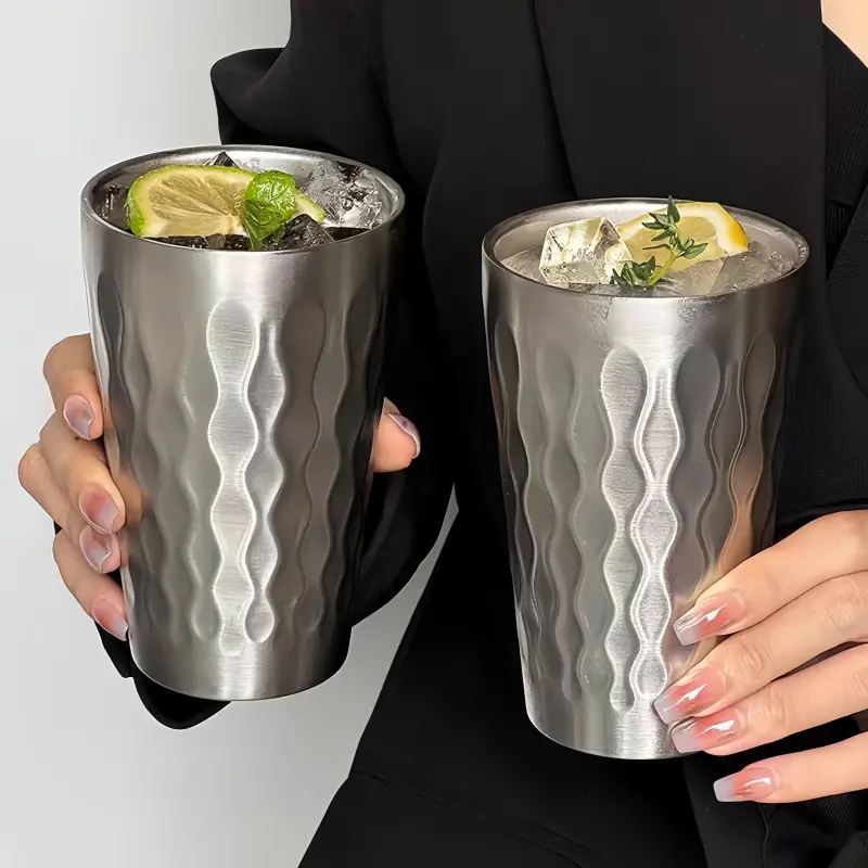 Picnic Cups, 4-Piece Set, 450ml 304 Stainless Steel Double-Wall Stackable Drinkware with Threaded Lid for Outdoor Hiking