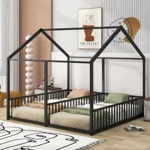 Double Twin Size Floor Bed Frame, Metal Platform Bed Frame with Roof, Twin House Bed,Two Shared Beds, Black
