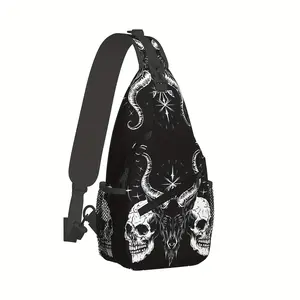 [Made in US] Crossbody Chest Bag Hiking Demon Baphomet Two Skulls Shoulder Bag Folding Large Capacity Fashion Durable Can Be Used For Shopping, Work, Leisure Travel Beach Bag Fishing Backpack