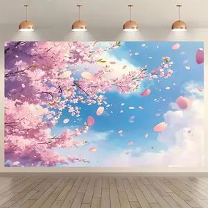 2D Flat, 2D Flat Design, 1pc Large Cherry Blossom Backdrop - Pink Cherry Blossom Tree with Falling Petals, Light Blue Sky and Clouds - High-Strength, Suitable for Weddings, Birthdays, Photogra