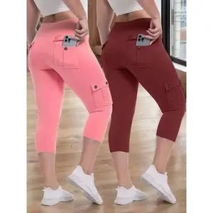 2pcs High Waist Yoga Capri Pants Set, 4-Way Stretch Butt Lifting Tummy Control, 4 Button Pockets, Spandex Material, Solid Color, Three-Quarter Length, Sports Style for Workout Running, Spring/Summer Collection, JEGGE Brand, Workout Leggings | Highwaist Pa