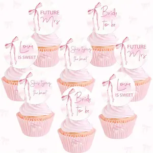 1Set She's Tying the Knot Cupcake Toppers Bow Bride to Be Bachelorette Party Cake Decorations Double Sided Printed Cupcake Toppers Round for Women Bridal Shower Engagement Wedding Party Supplies