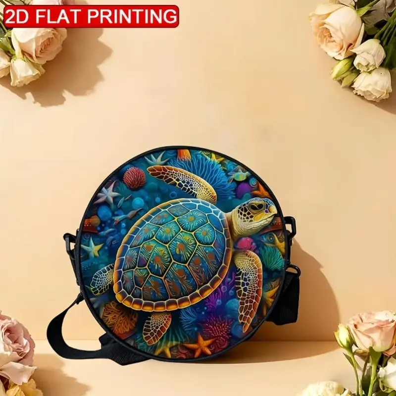 A Stunning Shoulder Bag for Women Featuring a 2D Printed Design of a Beautiful Ocean Guardian Turtle. It Comes with an Adjustable Strap, a Zipper Closure, And a Backpack Style