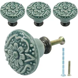 Green Ceramic Knobs and Pulls for Drawer, Dressers, Cupboard, Closet - 34mm / 1.3Inch Diameter (4Pcs)