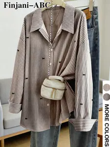 Women's Plus Size Striped Bow Tie Shirt Blouse Top, French Sweet Cool Style, Casual Loose Fit, Long Sleeve, Breathable Fabric, Fall & Winter