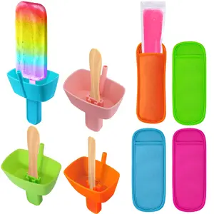 8pcs Popsicle Holders and Ice Pop Sleeves Set for kids No Drip, Silicone Popsicle Holder with Straw and Reusable Neopreneee Freeze Popsicle Sleeves for Toddlers Mess Free, No Freezing Hands