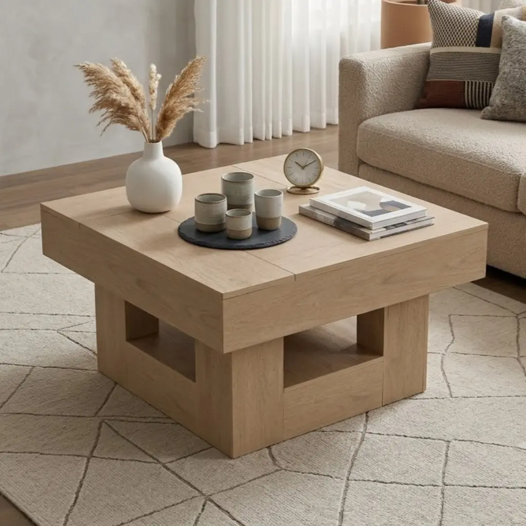 Rustic Square Coffee Table, Exquisitely Crafted with Scalloped Edges Low-Profile Living Room Coffee Table